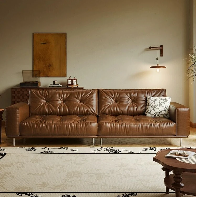意式轻奢现代极简复古油蜡皮艺沙发时尚客厅家用沙发中古风沙发