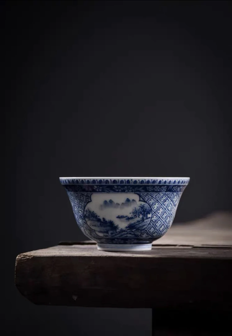 【青花开窗山水杯】 涂杏花 手绘 瓷器 茶叶