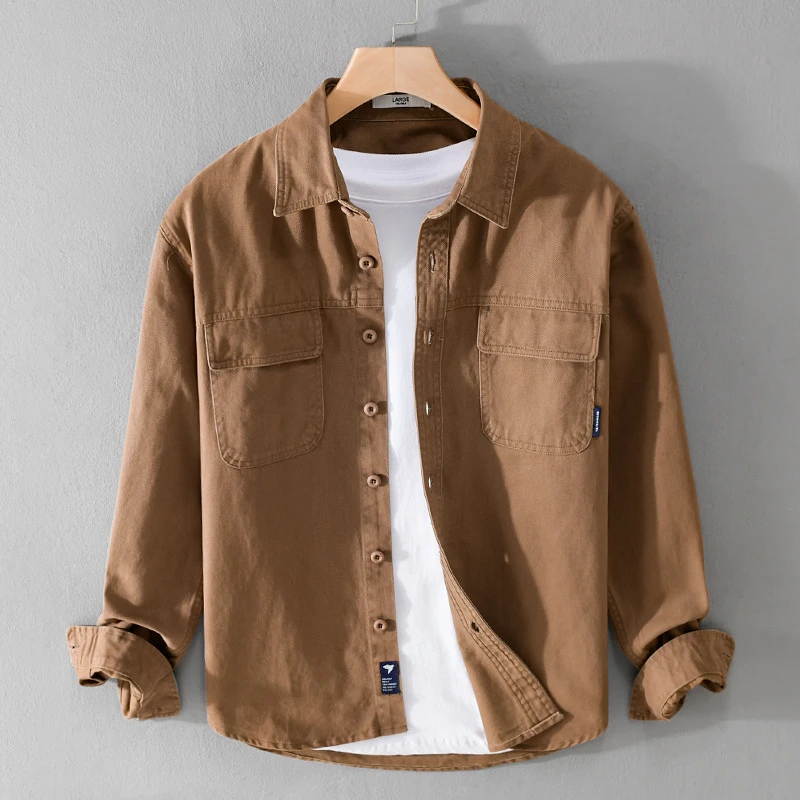 春秋款阿美咔叽工装男士长袖衬衫休闲宽松复古纯棉青年衬衣外套男