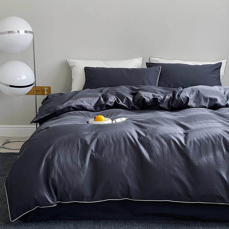 纯棉水洗棉四件套全棉纯色滚边轻奢纯白套件藏青酒店风民宿简约