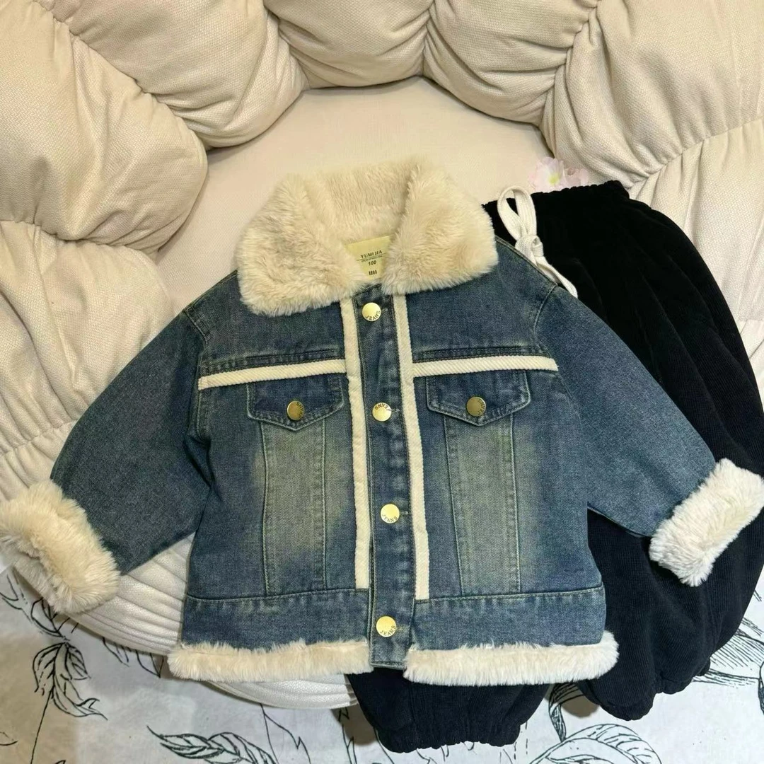 儿童外套牛仔毛领加绒休闲拼接白色条纹韩版冬季秋冬派克服时尚潮