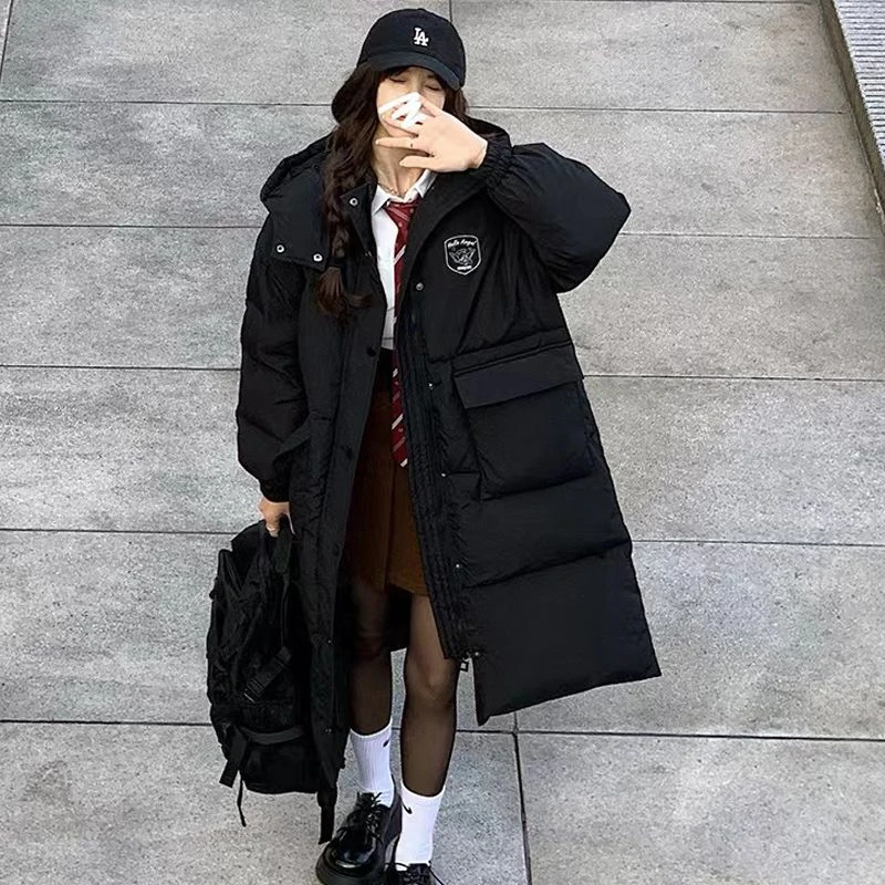 YAYA鸭鸭白鸭绒2024羽绒服新款季韩剧女学生黑色连帽过膝中长款羽