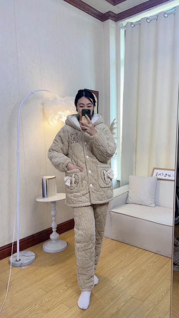 冬款8880牛奶绒睡衣居家加绒加厚保暖秋冬季开衫花边加绒居家连帽