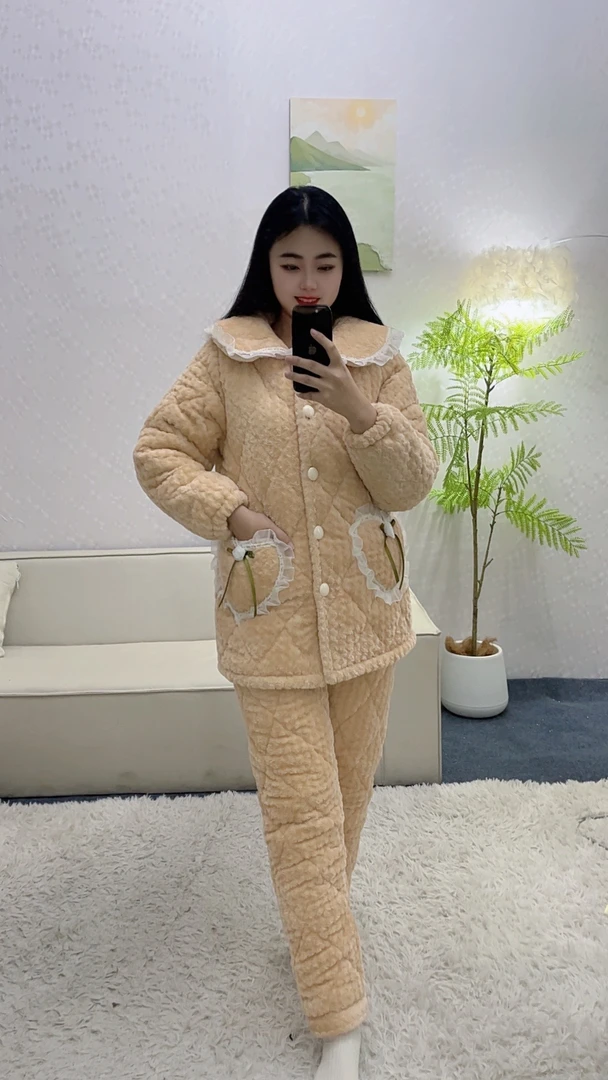 冬款牛奶绒睡衣居家加绒加厚保暖秋冬季开衫花边加绒居家翻领8860