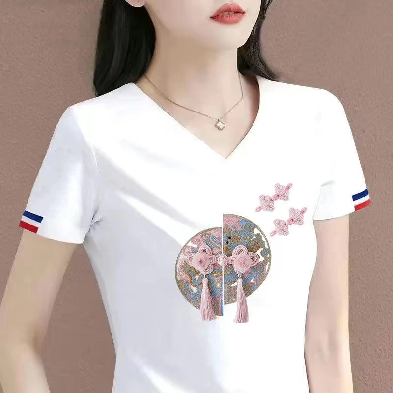 V领气质上衣女夏季新款洋气显瘦短袖t恤女时尚百搭国潮中国风女装