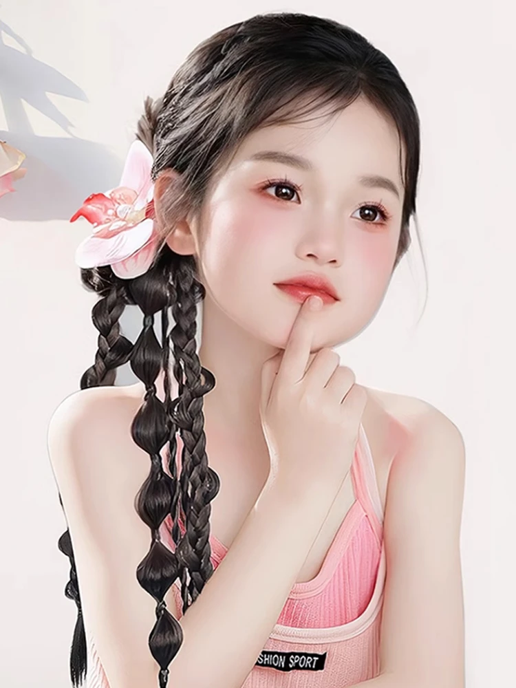 儿童假发女长发马尾辫子新中式拳击辫花式侧边仿真发麻花辫子假发