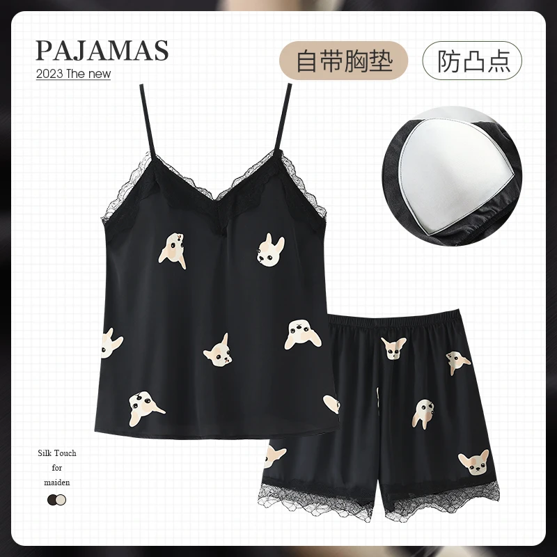 吊带睡衣女冰丝夏季短裤带胸垫性感仿真丝夏天家居服春秋款两件套