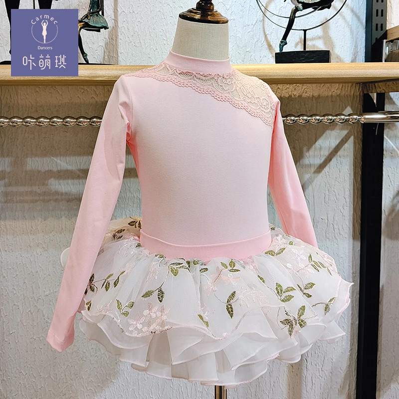 咔萌琪23107儿童舞蹈服练功服女童芭蕾舞裙蕾丝长袖中国舞跳舞服