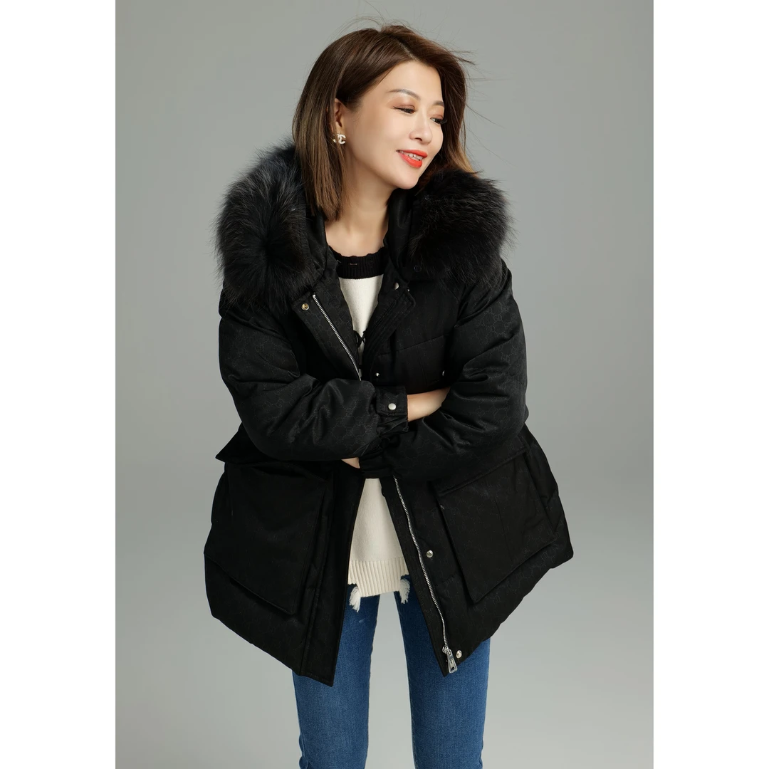 纤麦2024加厚加肥加大码中长款轻奢貉子毛领连帽派克羽绒服00212