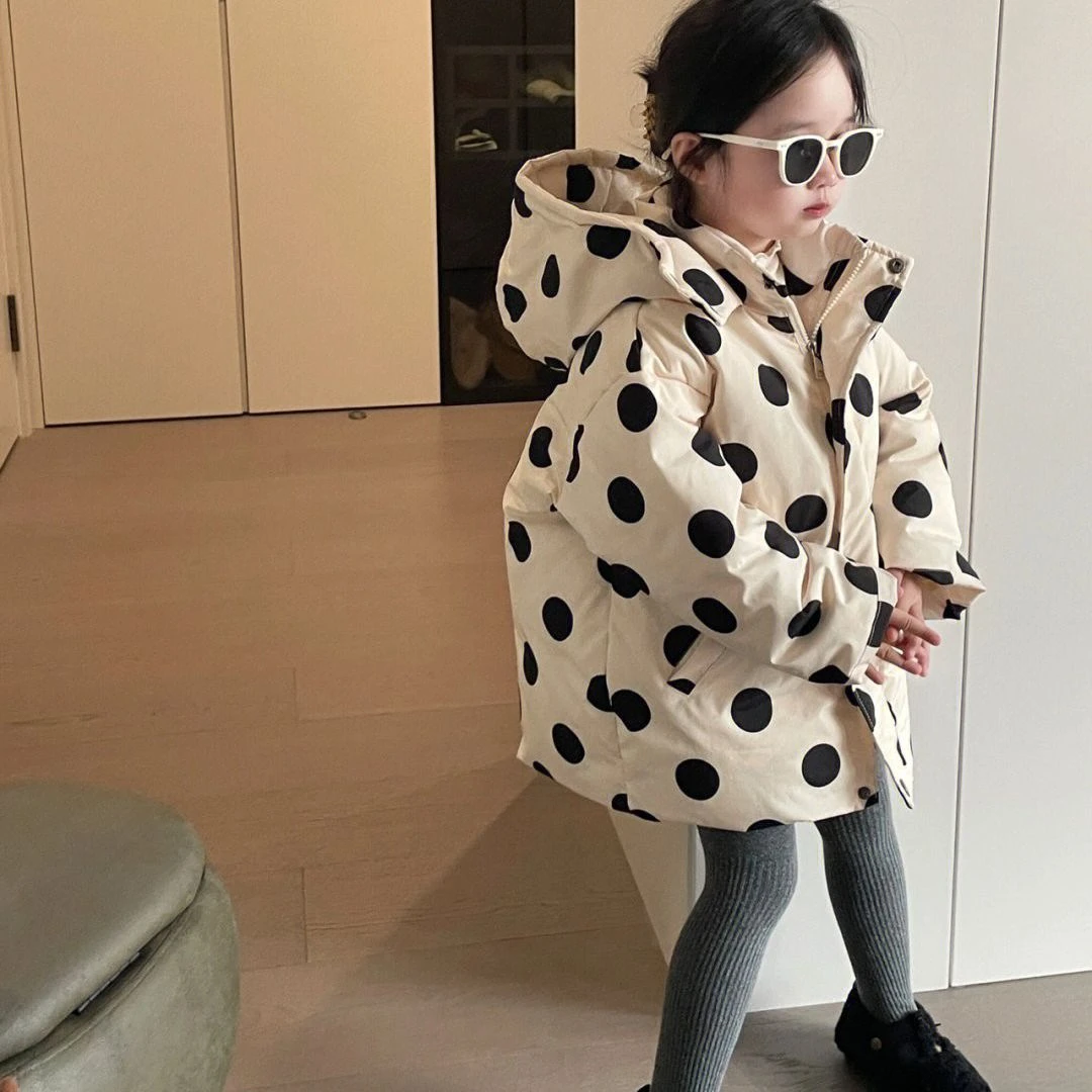 女童棉服韩版休闲冬季加厚波点波点外套中长保暖