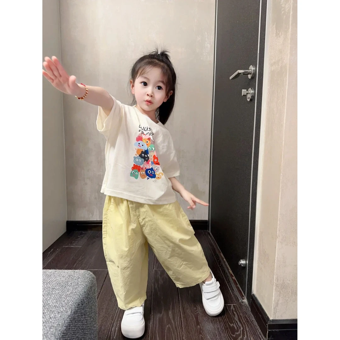 女童夏季套装夏天洋气休闲裤子短袖印花圣诞节夏款小童动漫上衣