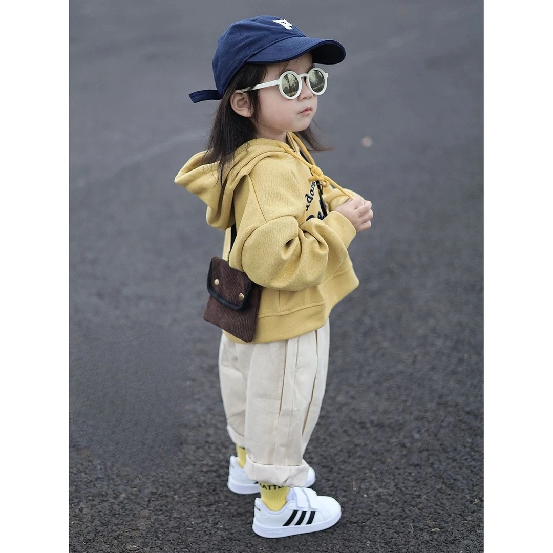 1女童男童宝宝春季套装2025字母印花连帽短款卫衣+休闲萝卜裤洋气