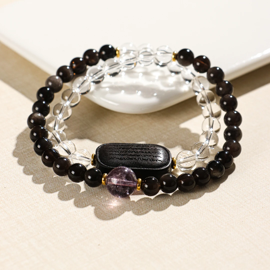 DL1855黑曜石白水双圈紫阿塞顶珠五条文手链-6