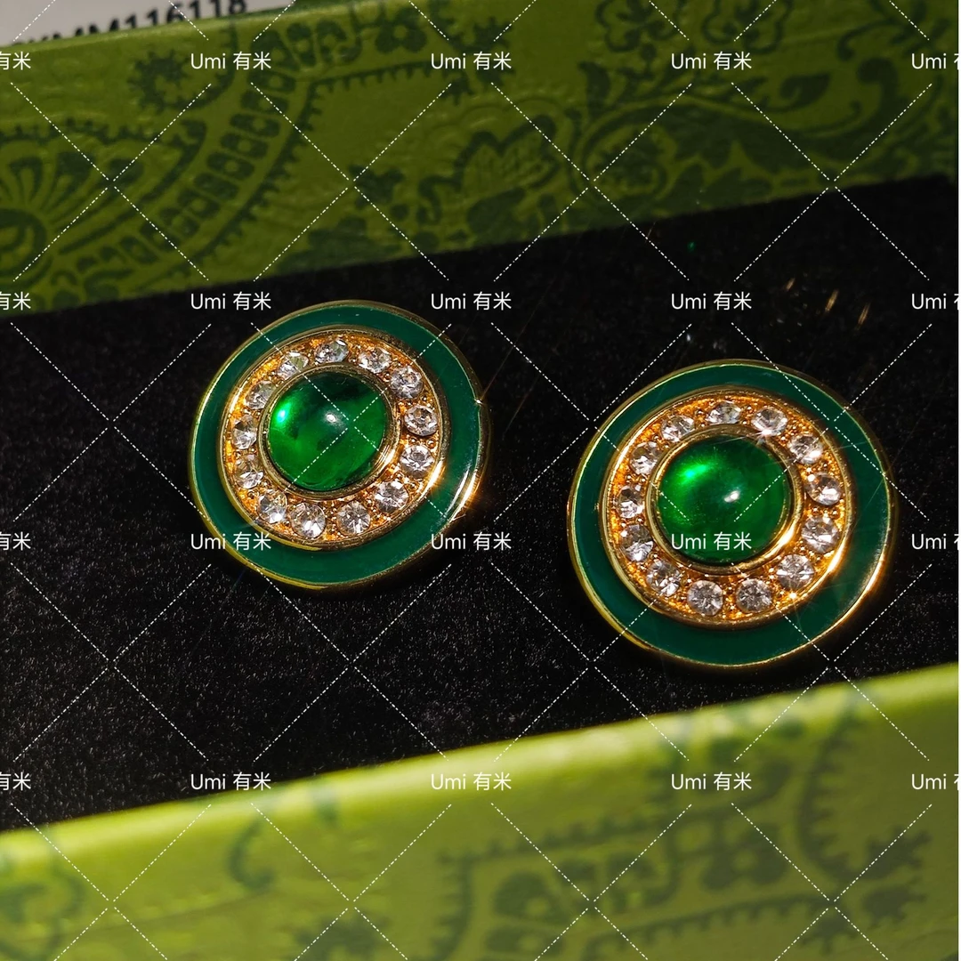 铜合金树脂耳饰 高奢钮扣耳饰气质绿色24001