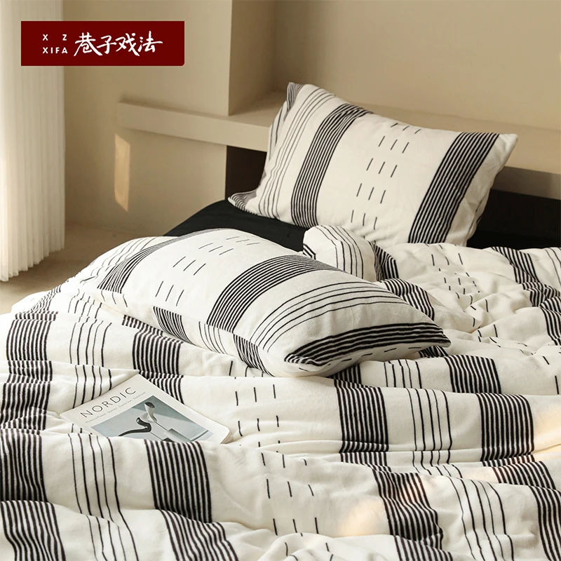 巷子戏法牛奶绒四件套珊瑚绒床单被套简约床上用品高级感被罩保暖