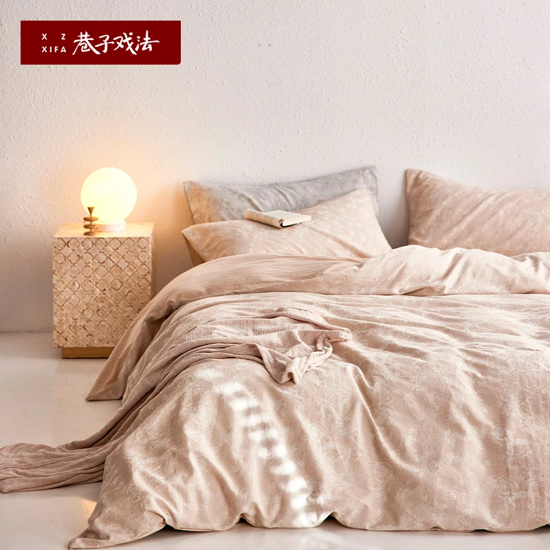 巷子戏法纯棉A类色织提花裸睡床单纯色l四件套轻奢全棉磨毛高级感