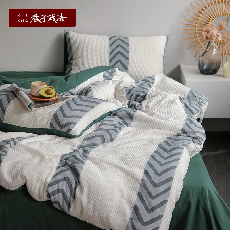 巷子戏法纯棉全棉四件套色织提花轻奢高级感简约亲肤床单床笠款