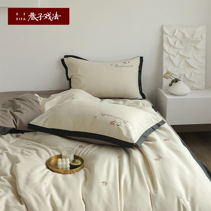 巷子戏法A类纯棉全棉磨毛四件套100支床单笠被套床上用品简约刺绣