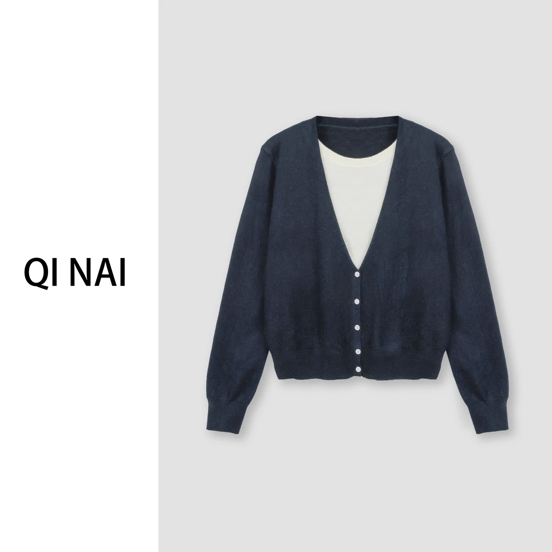 七奈推荐【临夏】时尚百搭高级感V领假两件针织开衫QN12083