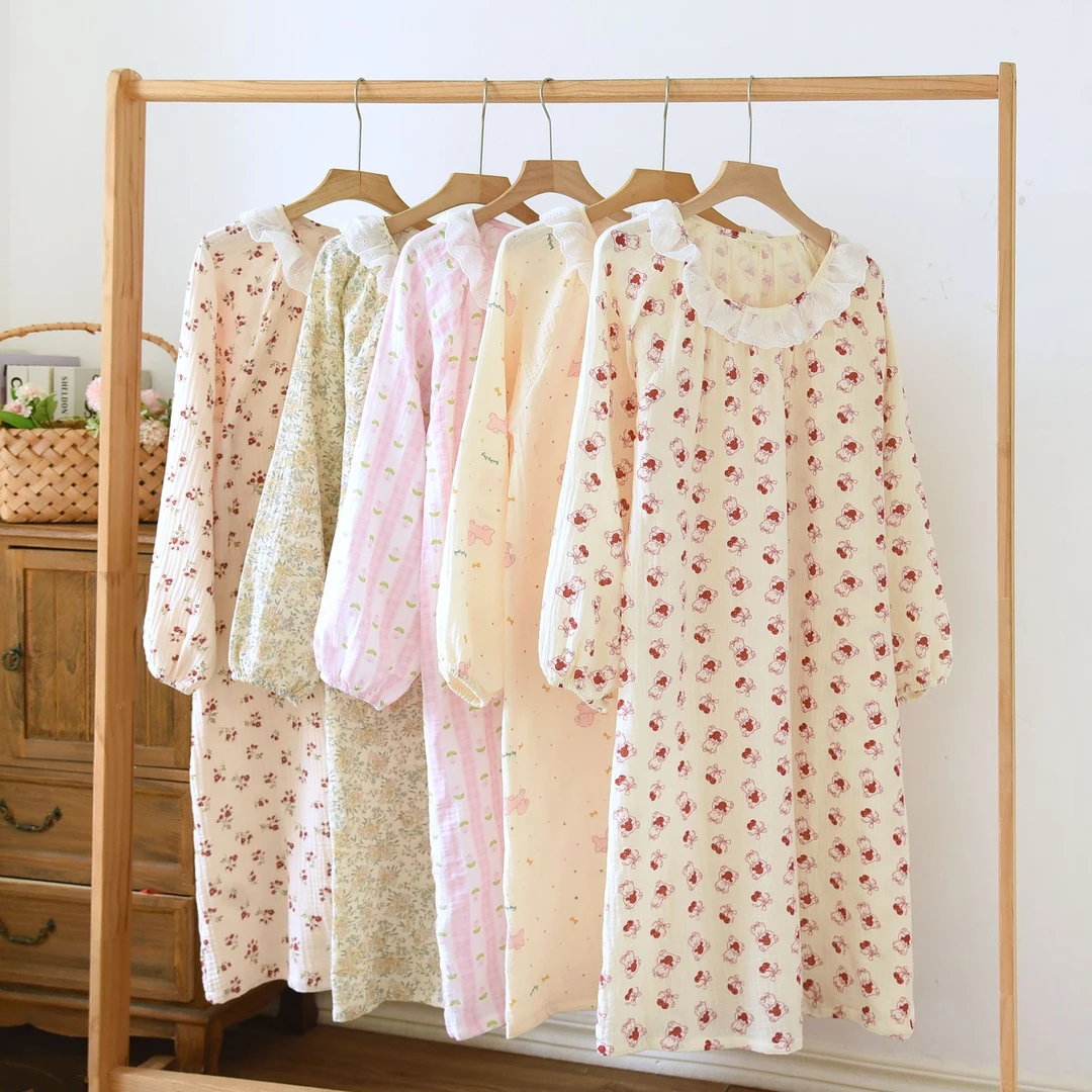 春夏秋季新款女士棉质长袖睡裙简约大码圆领花边双层纱布家居睡裙