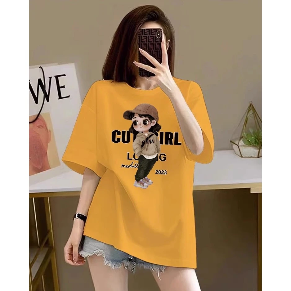 短袖t恤女宽松中长2024新款夏季欧货大版纯棉黄色减龄打底衫上衣