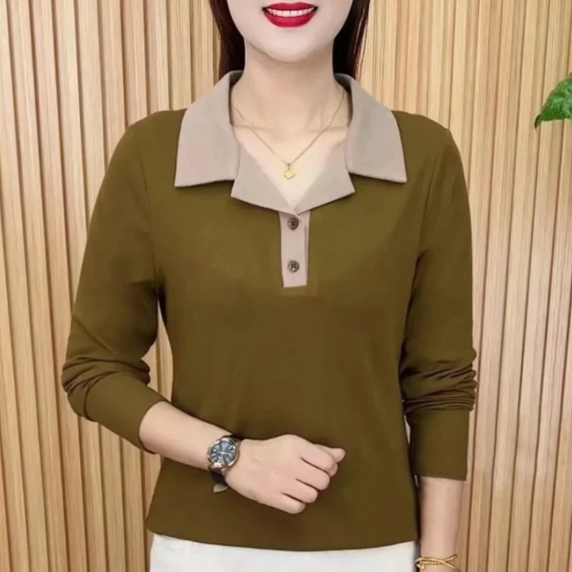 2023秋装新款时尚翻驳领拼色洋气长袖打底衫气质显瘦减龄女士上衣