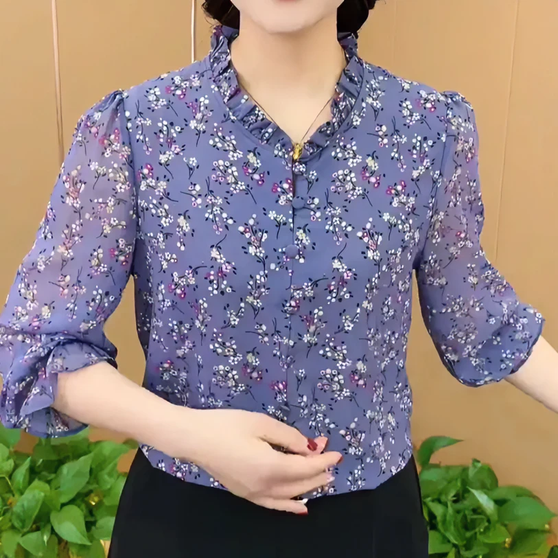 2024夏季新款时尚高级感木耳领印花衬衣气质显瘦百搭七分袖上衣