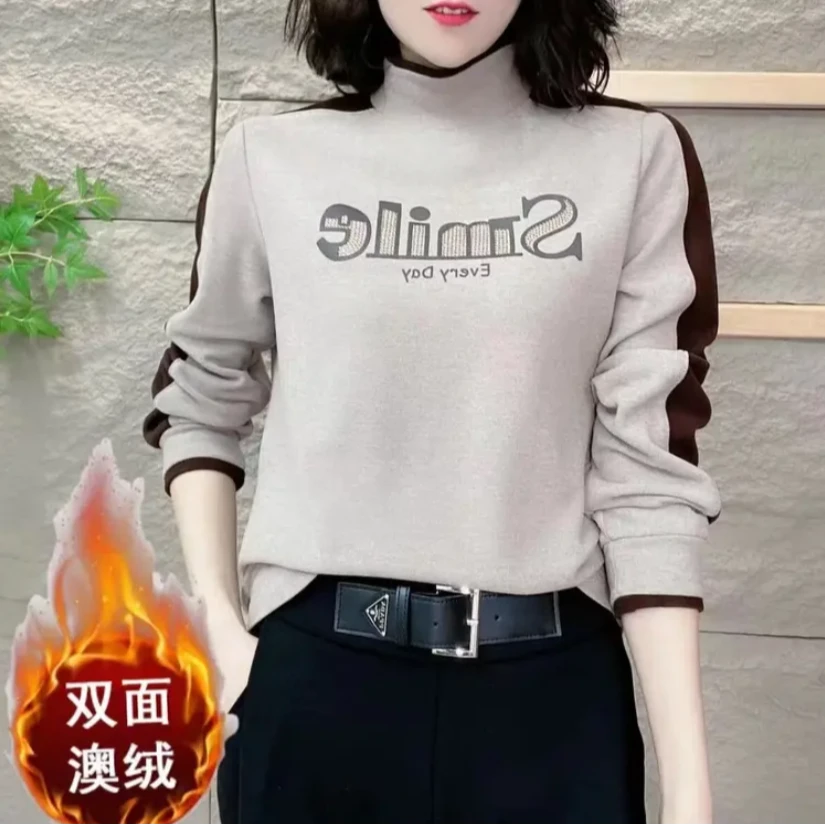 2024秋冬新款时尚双面绒长袖T恤洋气减龄百搭女士打底衫保暖上衣