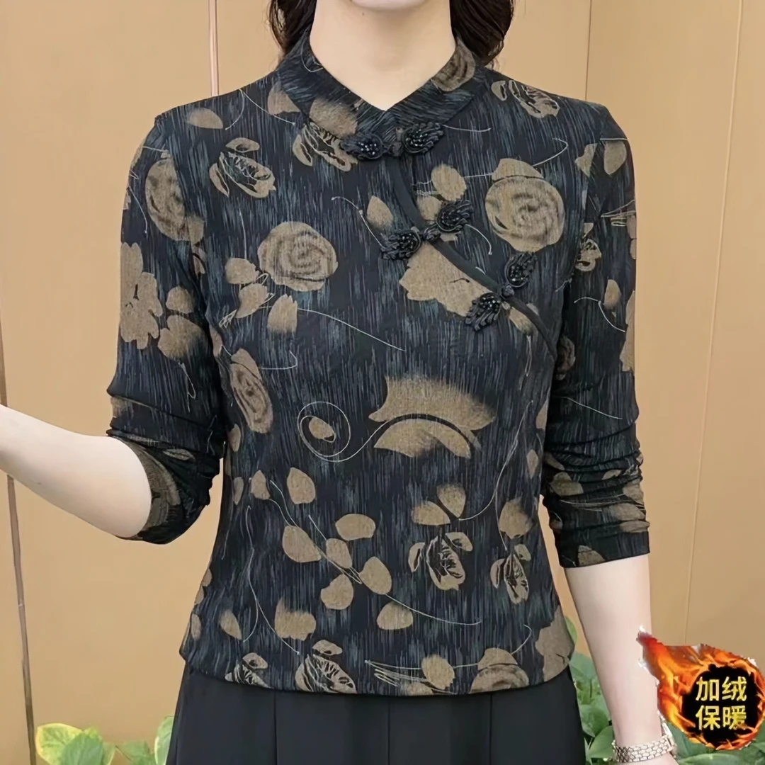 2024秋冬新款时尚立领复古盘扣洋气印花百搭显瘦保暖气质长袖打底