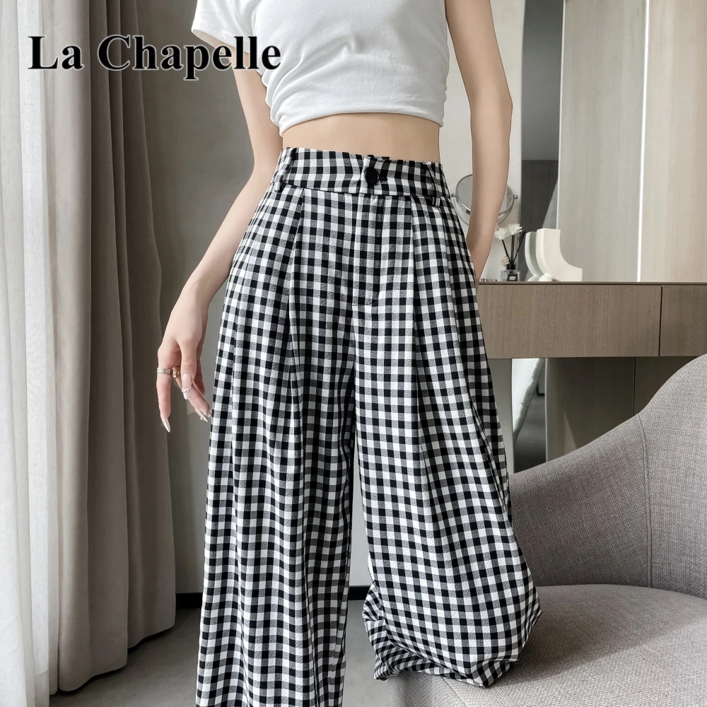 拉夏贝尔夏季垂感薄款黑白格子阔腿裤女高腰宽松休闲直筒拖地裤子