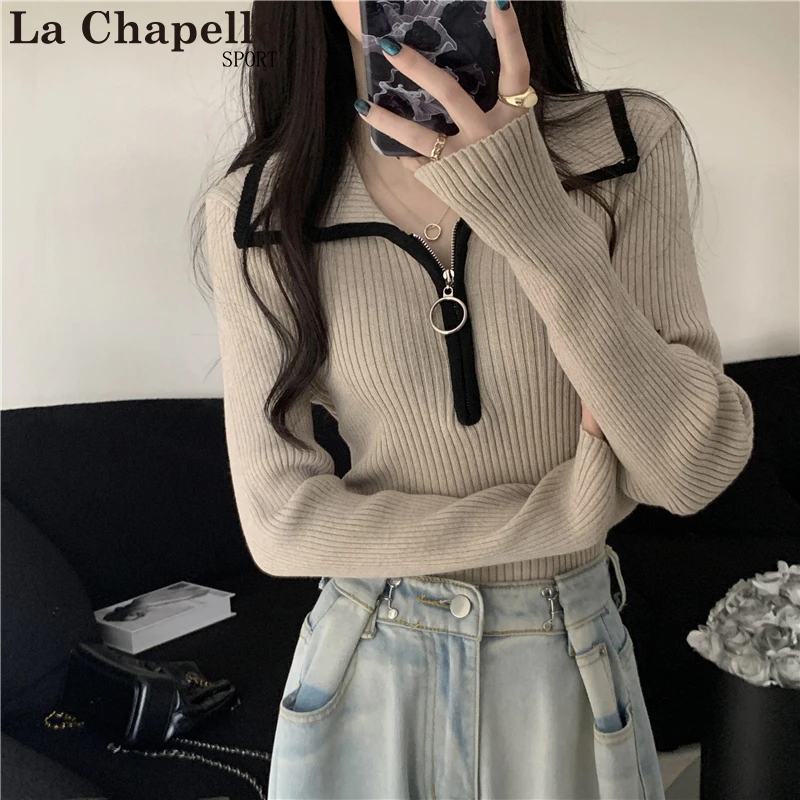 拉夏贝尔polo领拉链针织衫女秋冬新款翻领内搭针织衫短款长袖毛衣