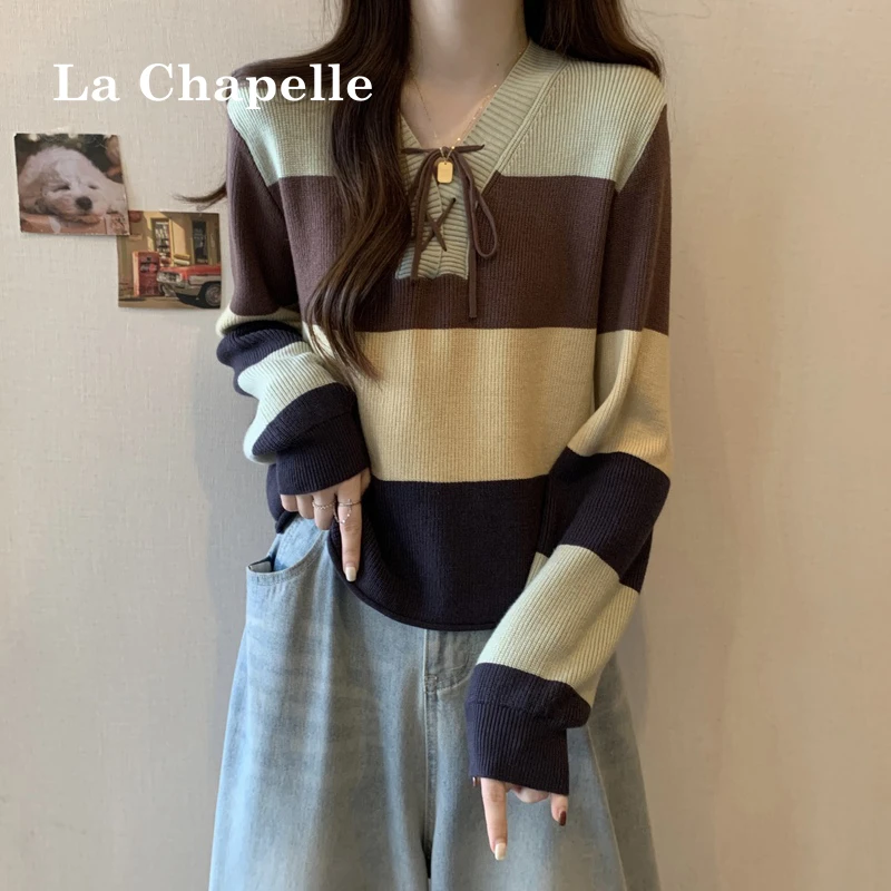拉夏贝尔条纹撞色系带v领长袖针织衫女装秋冬内搭短款打底衫毛衣