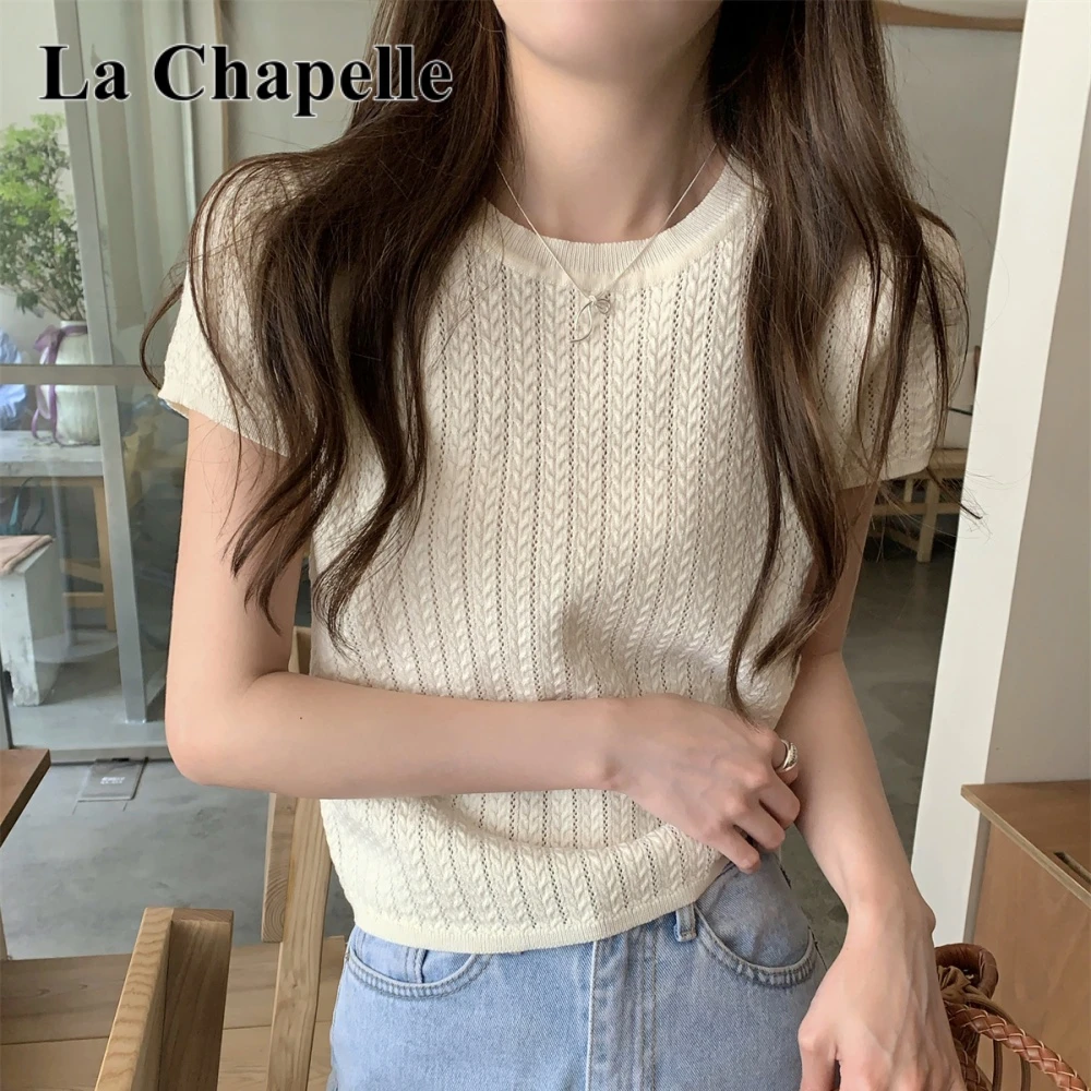 拉夏贝尔圆领洋气麻花镂空冰丝短袖女别致小衫减龄气质T恤上衣服