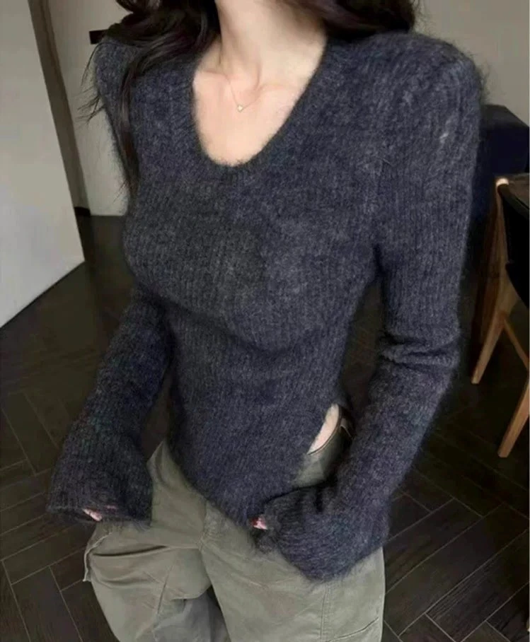 2025辣妹U领正肩针织打底衫女春季内搭高级感毛衣修身不规则长袖