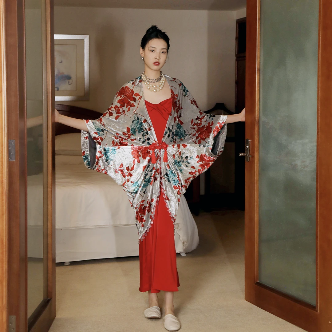 Wakeup醒来复古新娘晨袍新中式国风大码丝绒睡袍长袍外穿红色睡衣