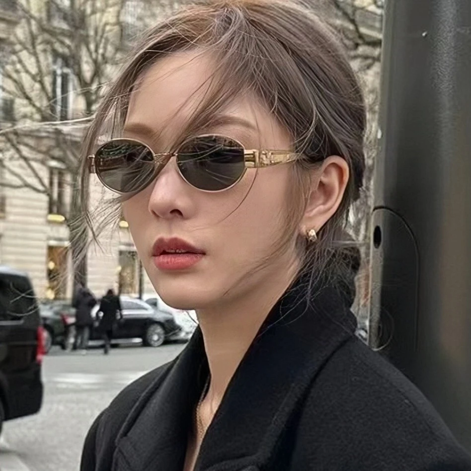 复古金属椭圆小框墨镜女款小脸凹造型窄框网红街拍防晒太阳眼镜潮