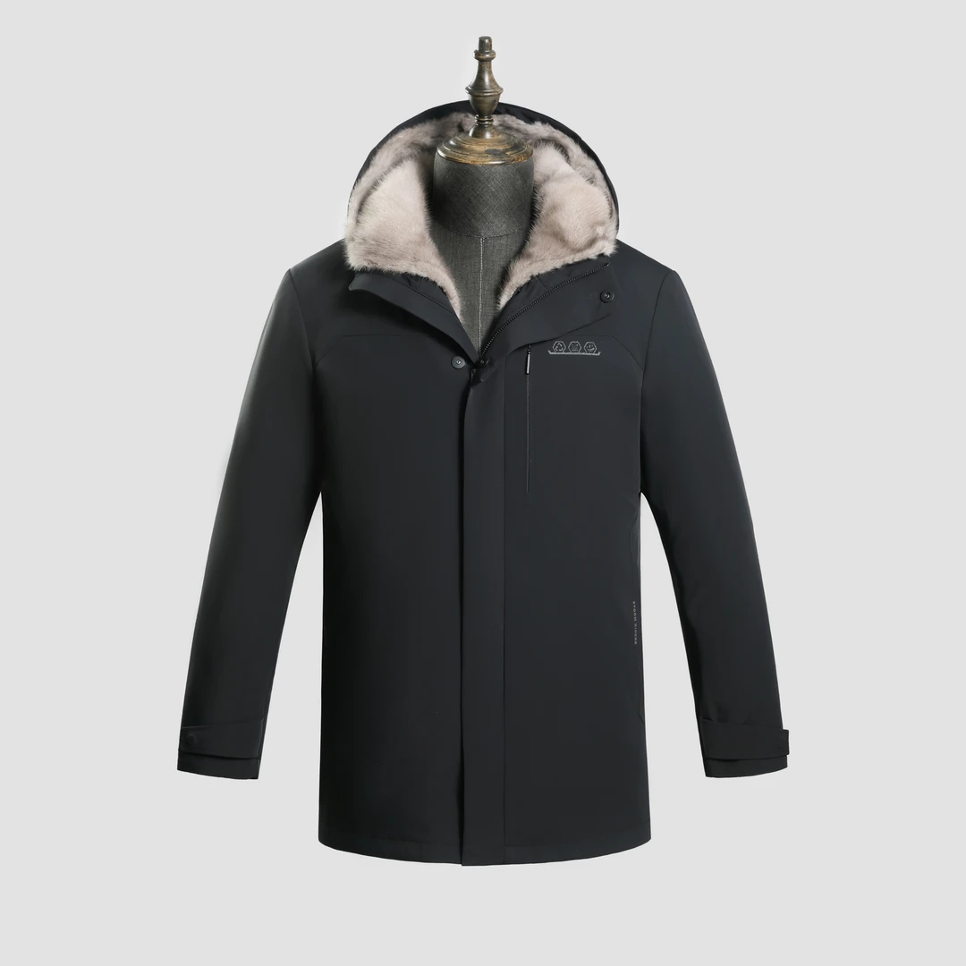 男士中长款连帽商务休闲行政外套可脱卸银兰貂内胆33906