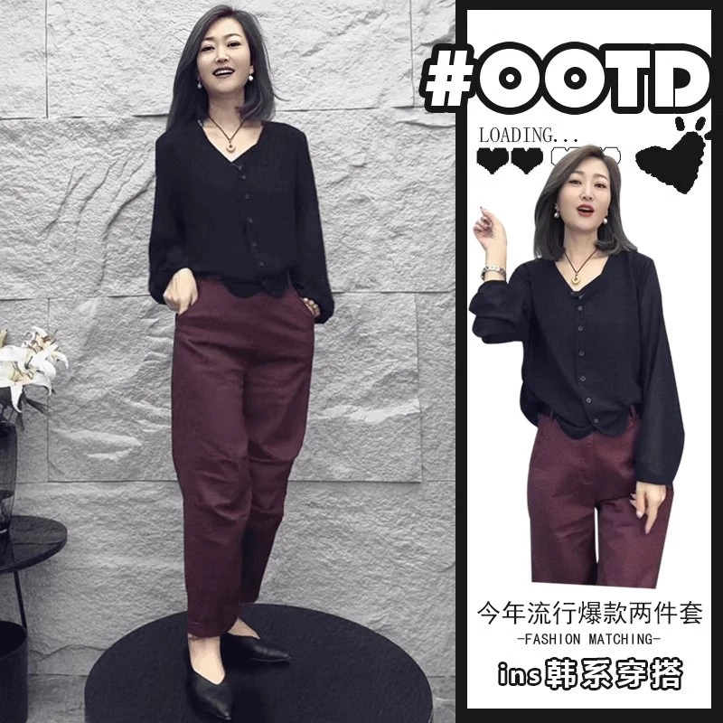 早秋韩系穿搭套装小个子干练气质今年流行的女装上衣阔腿裤两件套