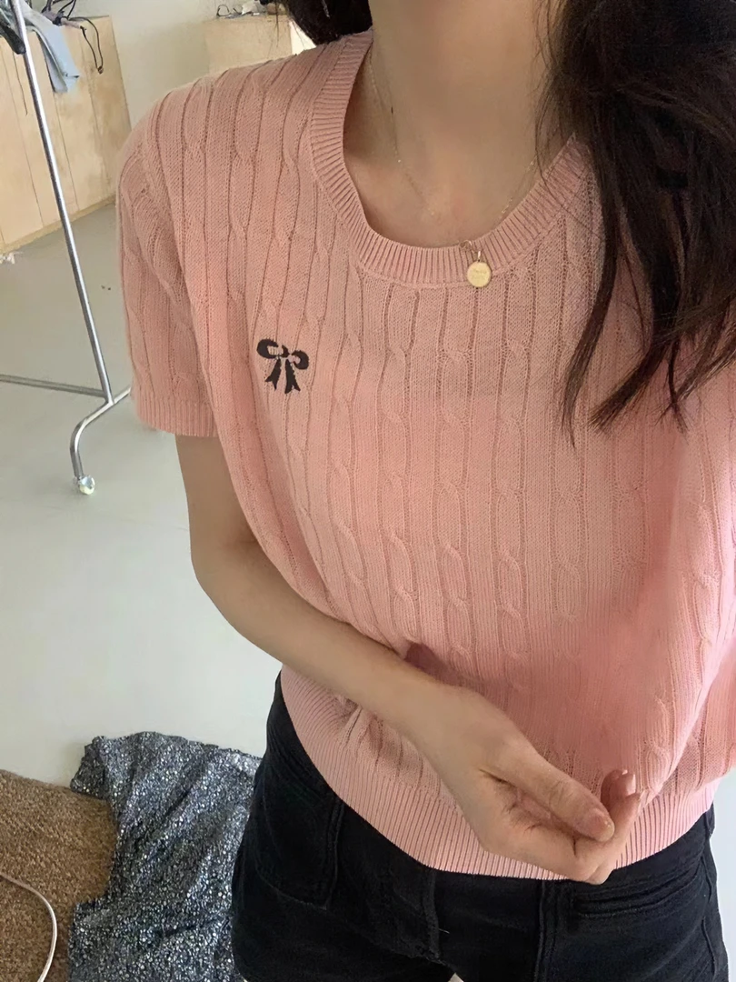 王木杉韩版蝴蝶结刺绣圆领宽松显瘦百搭正肩小众短袖针织女上衣