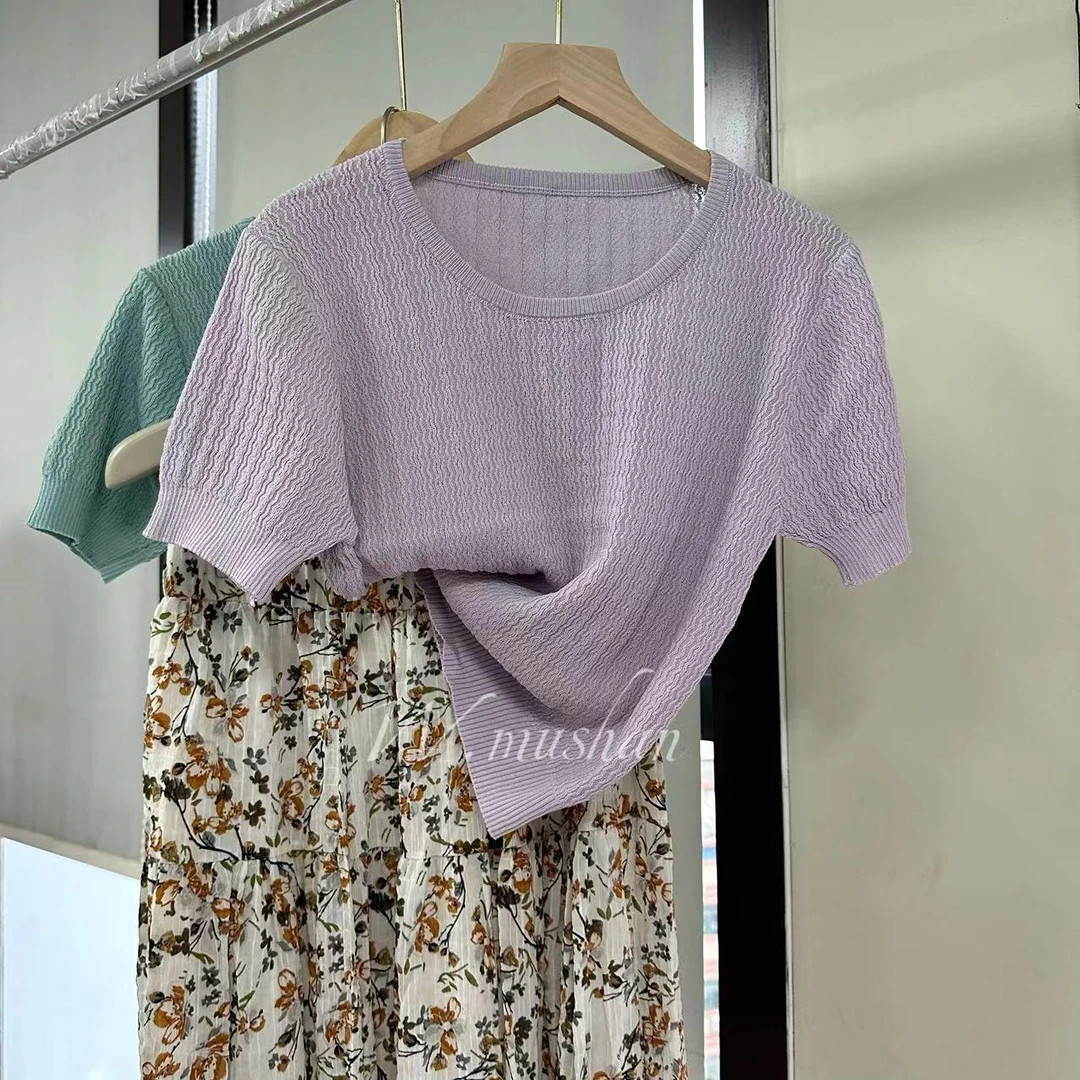 【子玉】韩系圆领肌理设计感针织衫短袖女冰丝百搭简约休闲上衣夏季