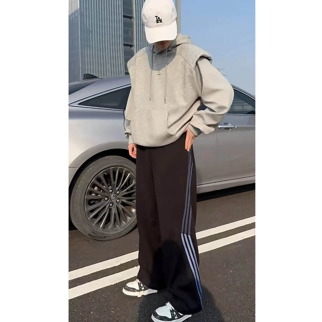 秋季新款美式潮条纹设计复古直筒卫裤垂感男女同款oversize休闲裤