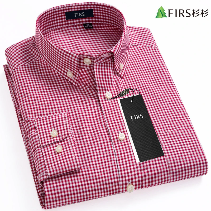 杉杉纯棉红色格子长袖衬衫高档男士衬衣秋季休闲寸衫免烫商务男装