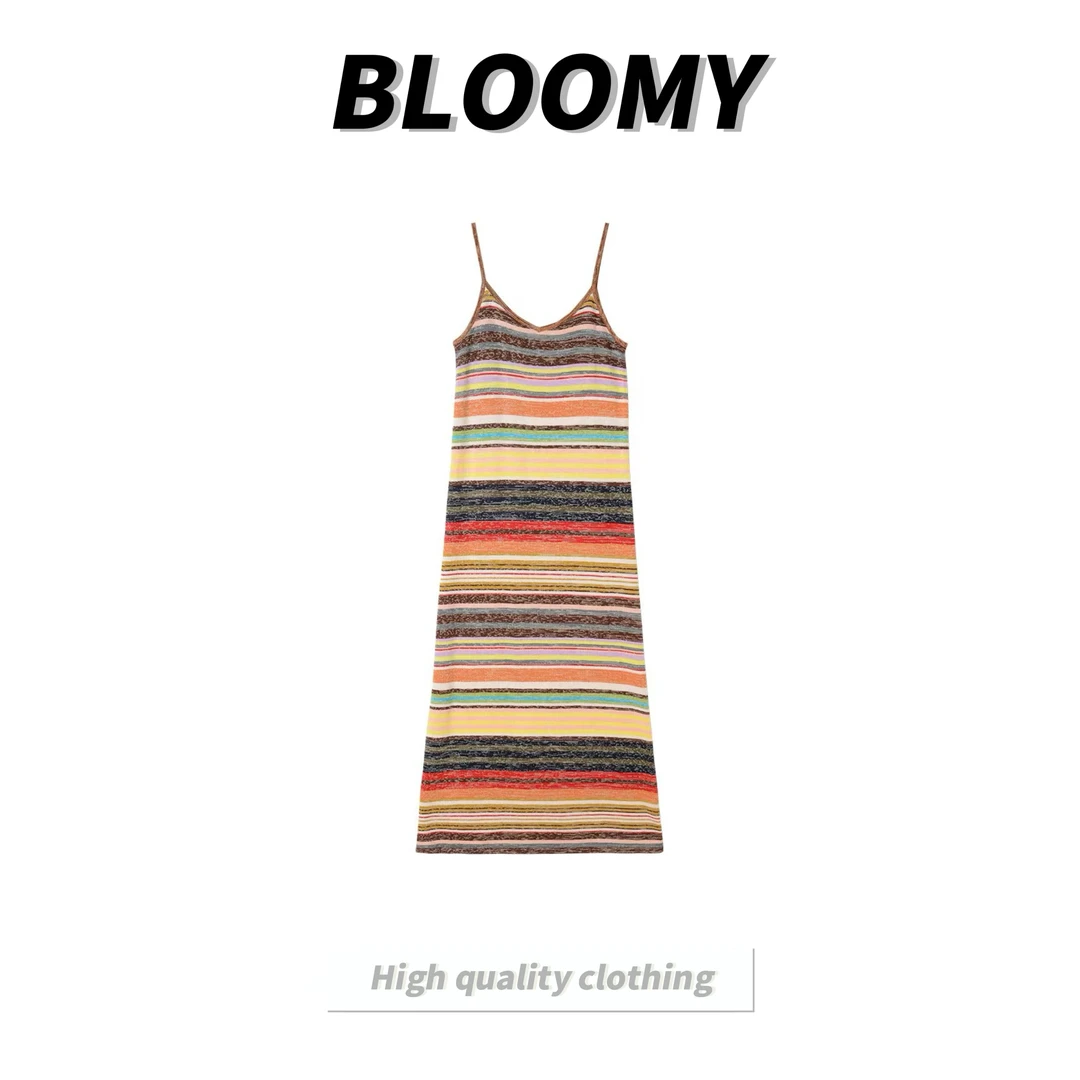 Bloomy新品棉条纹针织A字吊带修身气质时尚彩虹百搭休闲连衣裙