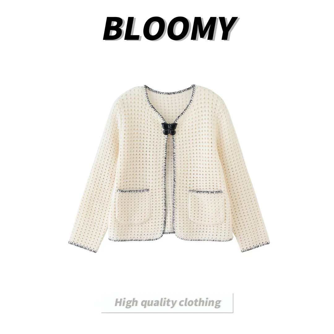 Bloomy秋季新品手工勾边羊毛针织开衫短款时尚百搭气质设计师外套