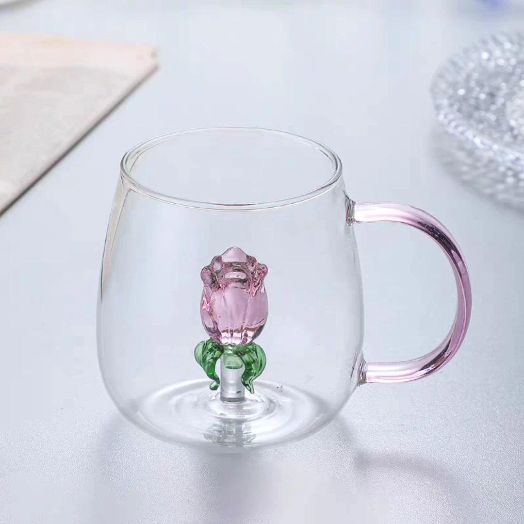立体玫瑰花耐热玻璃杯带把水杯咖啡杯女夏季可爱办公室好看的杯子
