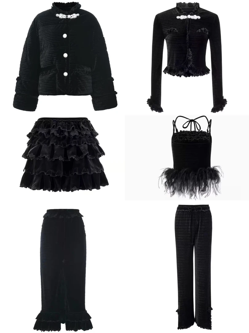 辰辰木子店黑色丝绒羽毛吊带短外套半裙裤子（特价品no推no焕）