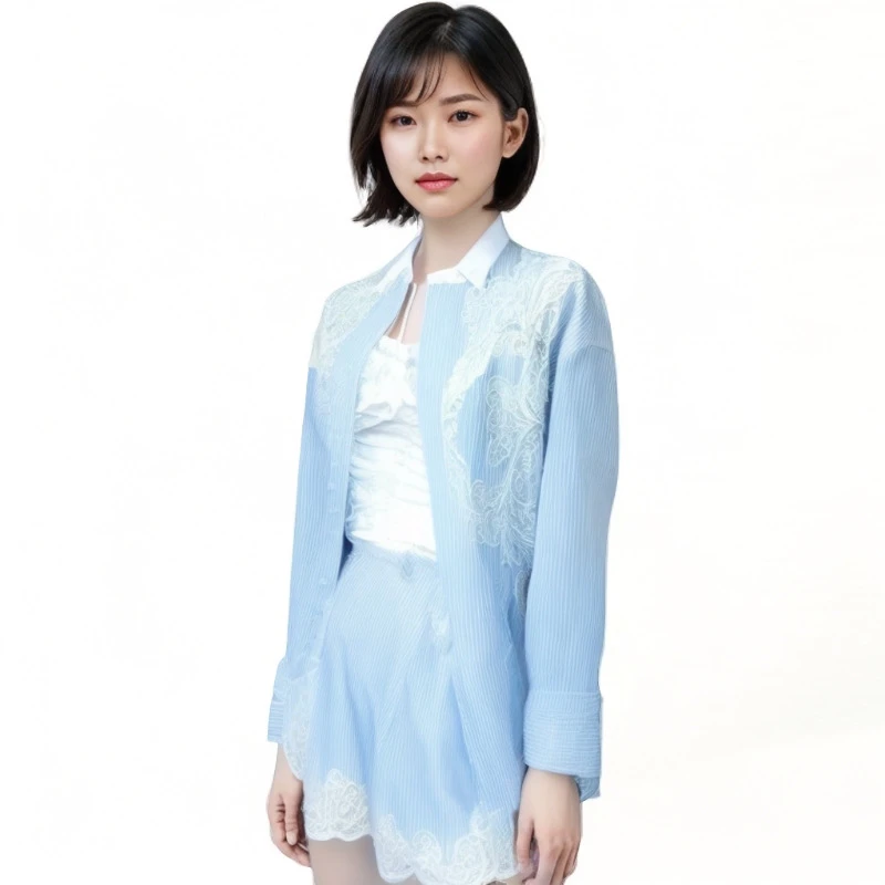 辰辰服饰木子店蓝色条纹重工刺绣衬衣外套短裤（特价品no推no焕）