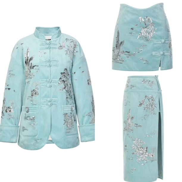 辰辰木子店蓝色刺绣重工丝绒中长款外套半裙