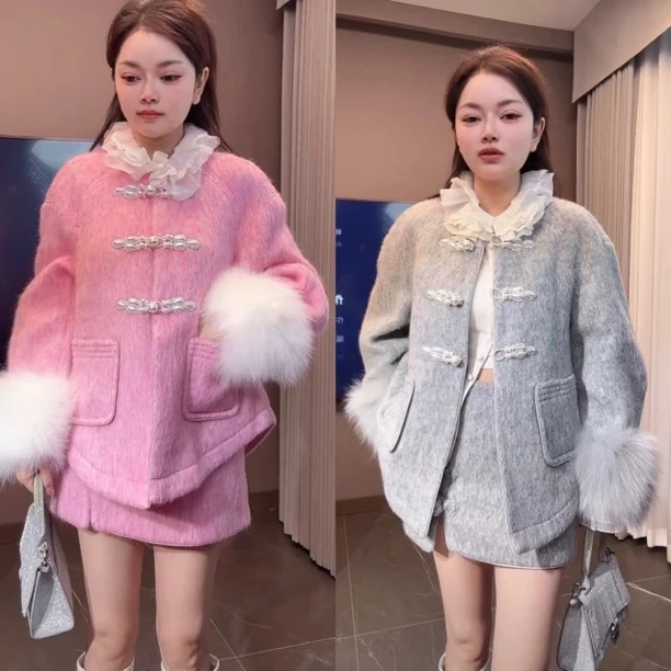 辰辰木子粉色灰色狐狸毛短外套半裙