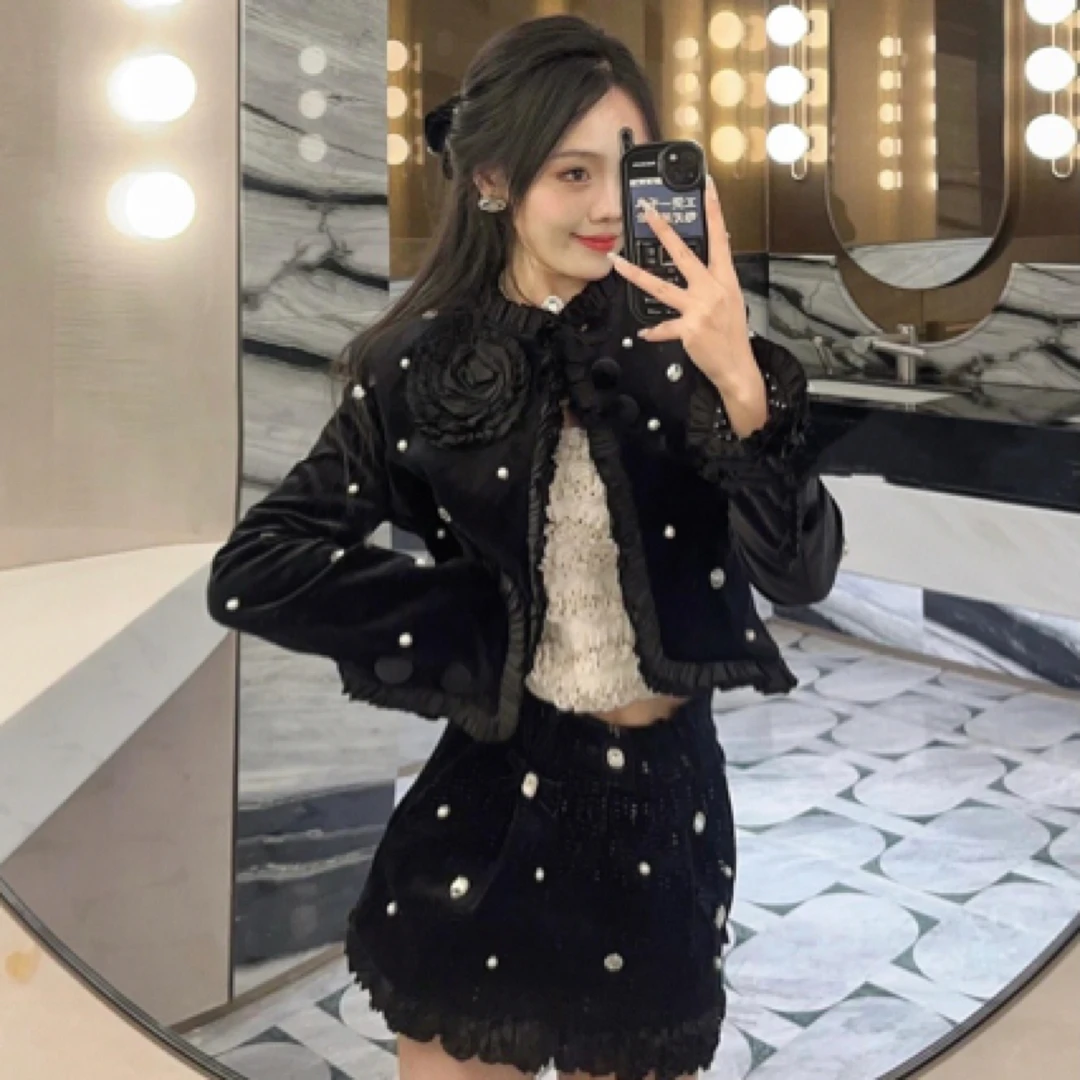 辰辰木子店春装新款黑色丝绒短外套半裙（特价品no推no焕）